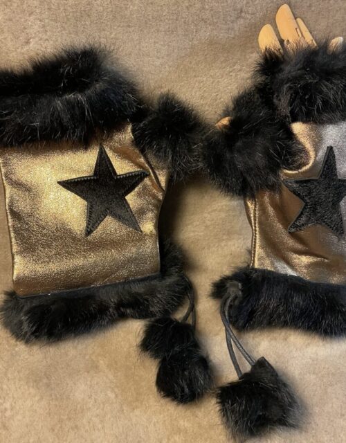Mitaine étoiles en cuir doré et fourrure noir