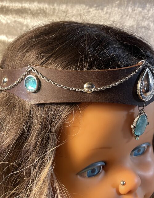 diadème-tiare en cuir marron et argenté style médiéval